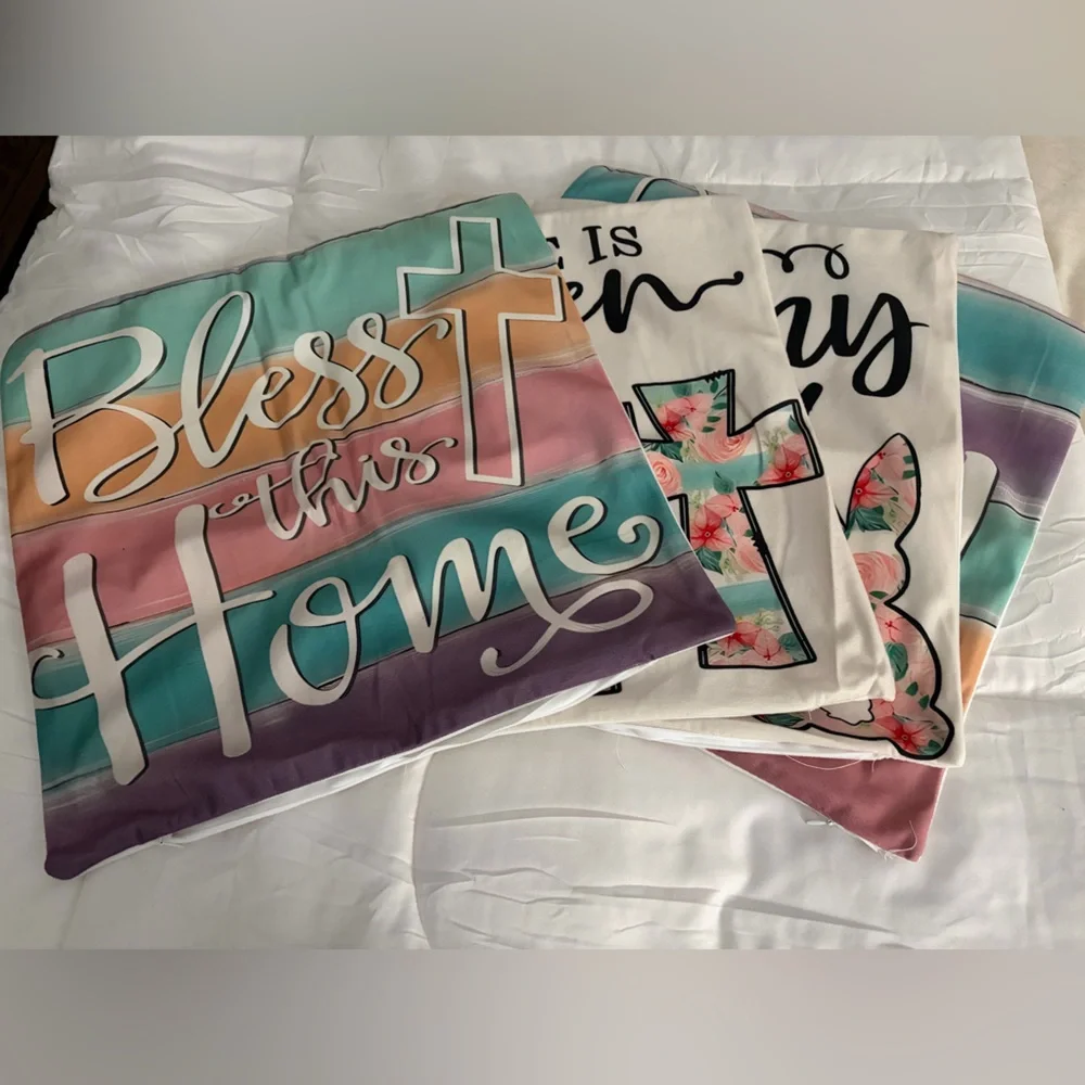 Colorful Faith Graphic Pillowcase Set - Pastel Stripes & Floral Cross